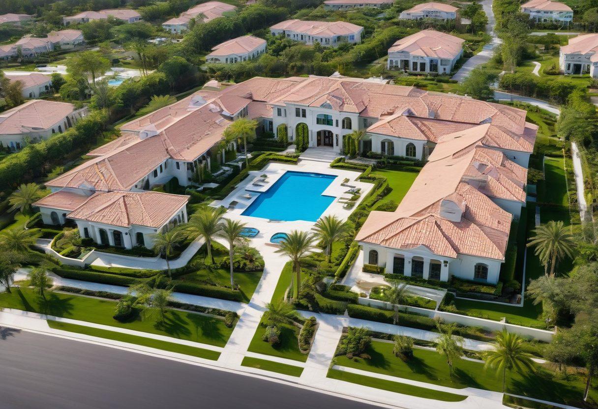 An elegant gated community with grandiose mansions, immaculately landscaped gardens, luxury cars parked in driveways, and a crystal-clear swimming pool. A poised family in stylish attire is seen relaxing and enjoying upscale amenities. The atmosphere exudes exclusivity and high-end living. super-realistic. vibrant colors. sweeping aerial view.