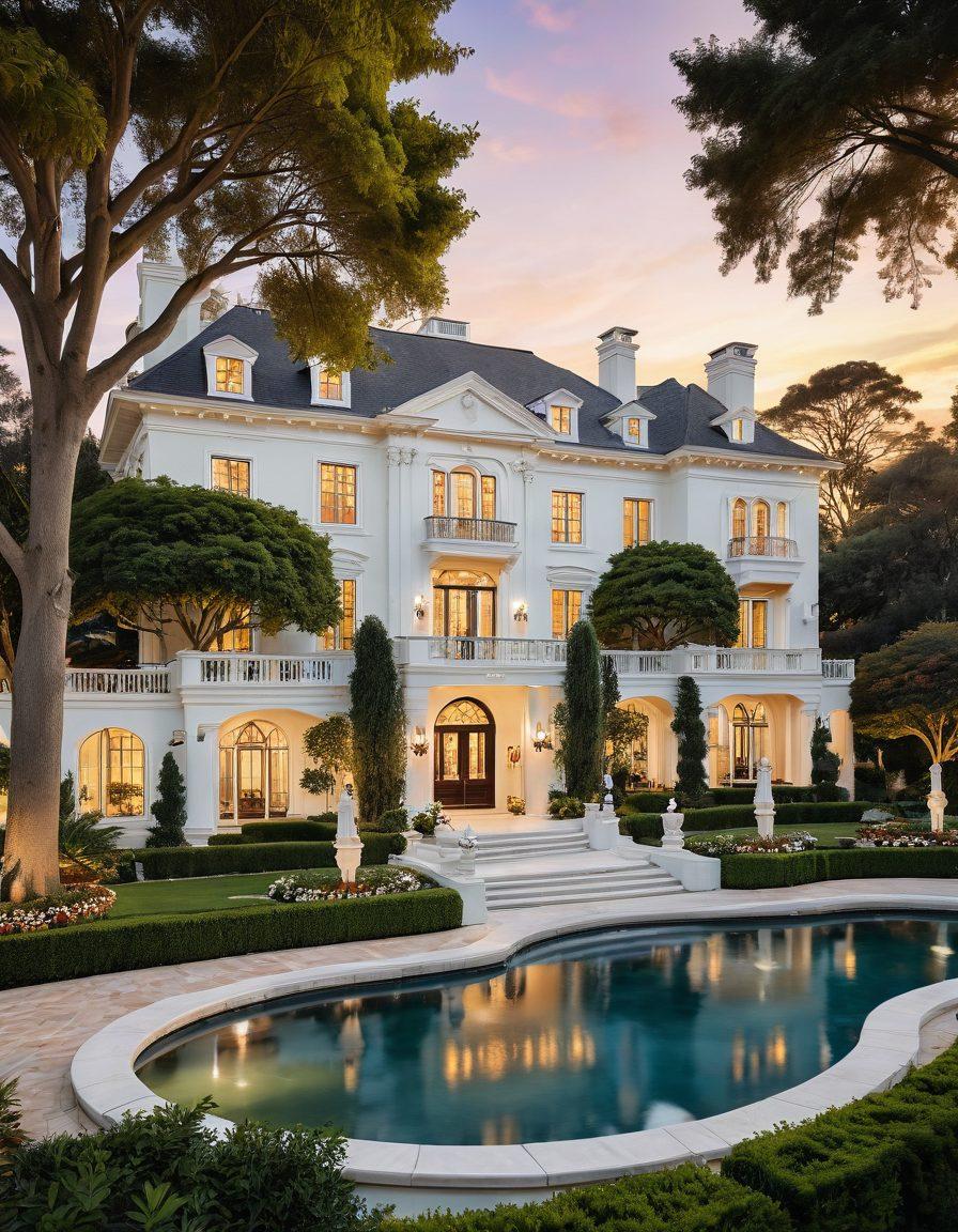 A luxurious mansion surrounded by impeccably landscaped gardens, elegant fountains, and opulent outdoor furniture. Picture-perfect streets lined with grand trees, high-end cars, and stylish residents engaging in community activities. A serene sunset casting a golden glow over this prestigious neighborhood. super-realistic. vibrant colors. white background.