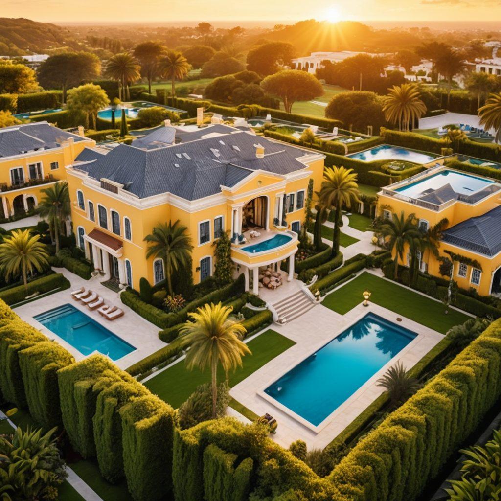 A grand aerial view of a luxurious real estate estate, showcasing expansive manicured gardens, elegant mansions with sleek architectural designs, and shimmering private pools. Add elements of affluence such as luxury cars parked in driveways and a picturesque sunset in the background, casting a golden hue over the entire scene. super-realistic. vibrant colors. sunset.